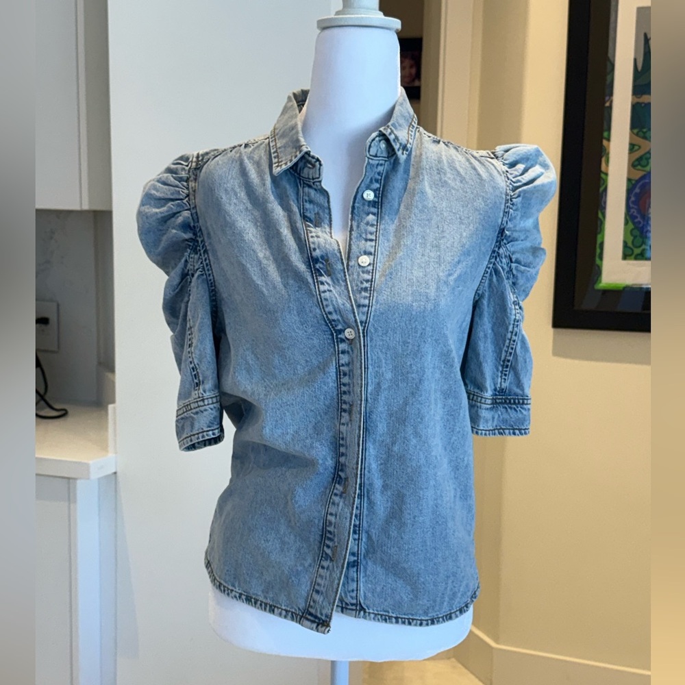 FRAME Denim Puff-Sleeve Button-Front Top - Light Blue size XS